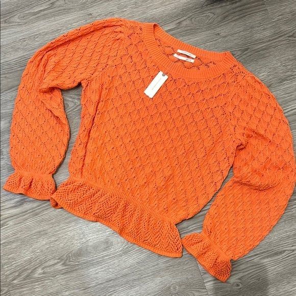 BY ANTHROPOLOGIE FLOUNCE-HEM POINTELLE SWEATER crew neck size L - tangerine - Picture 1 of 11